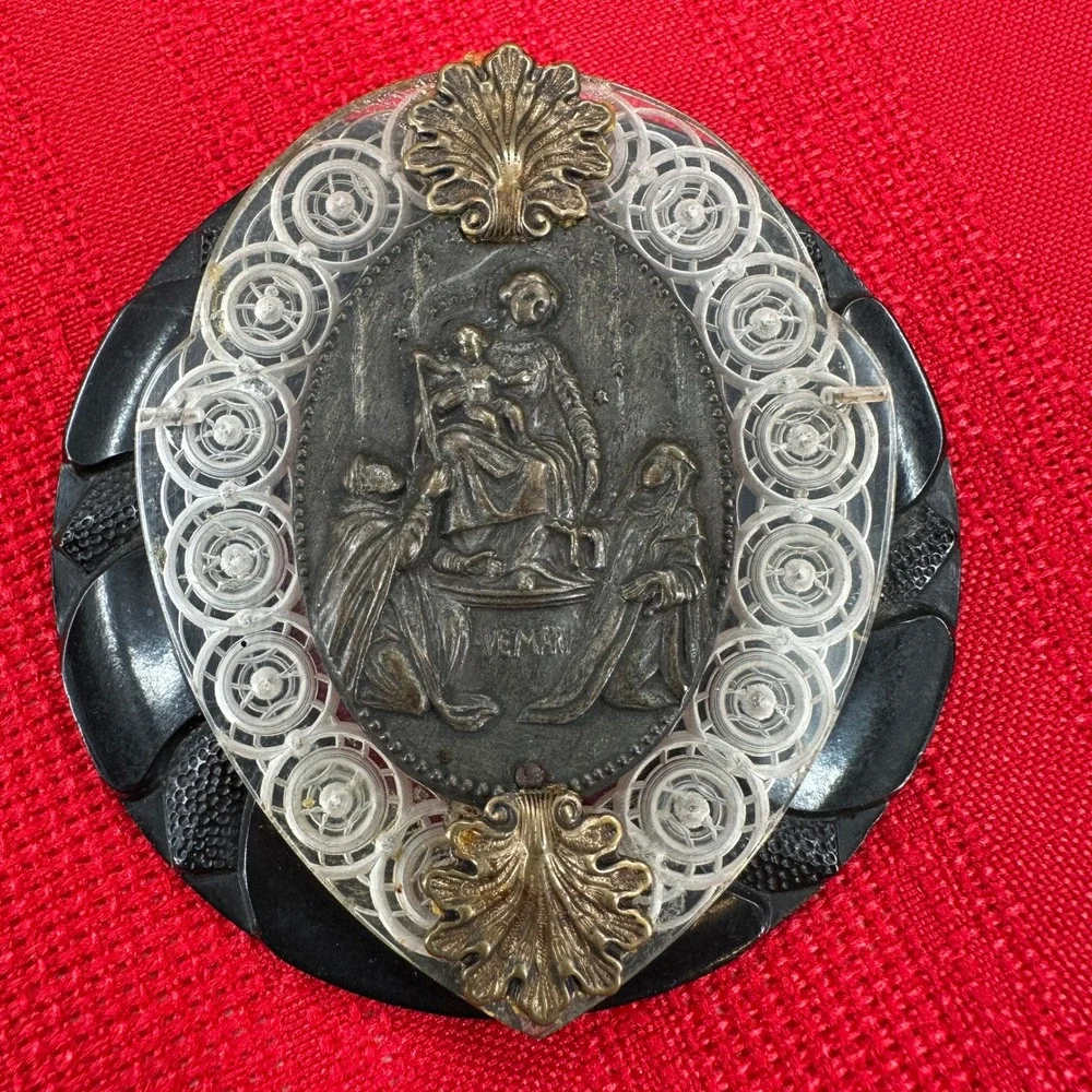 VTG 2 Handmade Religious Brooch/Necklace Ave‎ Maria Madonna Child Cross Filigree